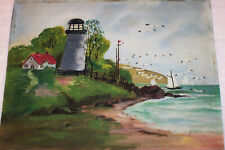 Antique Lighthouse Painting Crowley  Oil on Board 8 x 10 Saiboat Beach Sea Birds