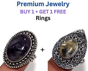 Set Of Two Amethyst Copper White Buffalo Turquoise Ring Us Size Combo 7|7.5 JG