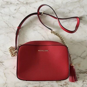 MICHAEL KORS Ginny Bright Red Leather Medium Crossbody Camera Bag - Picture 1 of 13