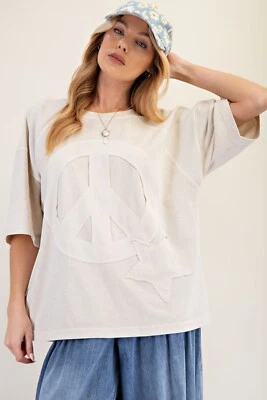 Easel Women's Peace Sign Mineral Washed Short Sleeve Top in Ecru Size Large - Image 1 of 4
