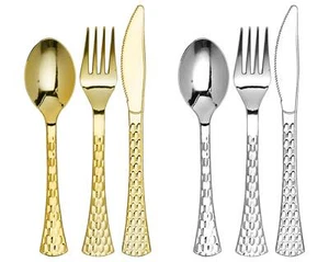 Plastic Cutlery Set, Shiny Gold Silver Disposable Spoons Forks Knives, 600 pcs - Picture 1 of 7