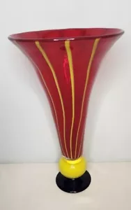 Vtg? 14" Murano Style Art Glass Tulip Trumpet Vase Hand Blown Cobalt Yellow Red - Picture 1 of 13