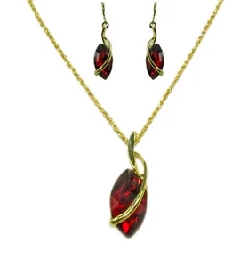 Large Red Crystal Marquise Pendant Necklace Earrings Set with a Gold Wrap - NEW - Picture 1 of 8