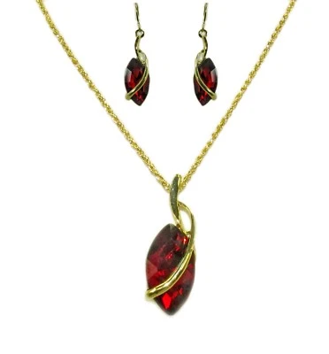Large Red Crystal Marquise Pendant Necklace Earrings Set with a Gold Wrap - NEW - Image 1 of 4