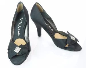 Nina Formal Black Satin Diamond Crystal Peep Toe High Heel Pump Shoe Size 9M - Picture 1 of 8