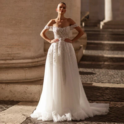Elegant A-Line Wedding Dresses Off Shoulder Lace Sequins Applique Bridal Gowns - Image 1 of 4