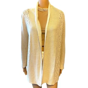 Cárdigan abierto tejido mezcla algodón lino suéter mujer Eddie Bauer M elástico beige - Imagen 1 de 5