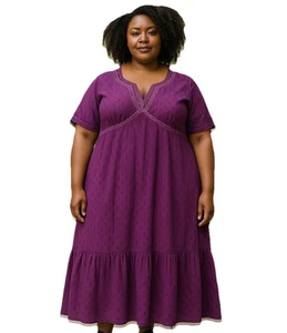 Vestido Ulla Popken Púrpura Ojales Manga Corta Algodón Talla 20/22 Niveles Midi Boho - Imagen 1 de 13
