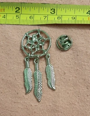 Silver Tone Dreamcatcher Lapel Pin with Dangle Feathers - Image 1 of 4