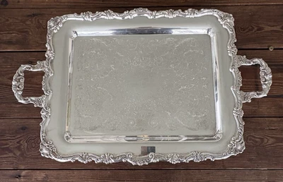 Bandeja de mayordomo de placa de plata vintage con patas y mango pesada ornamentada 25" x 16" Foto 1 de 4