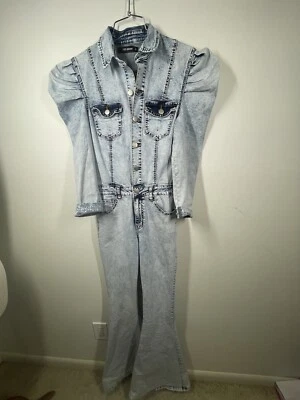 Mono GJG Denim Para Mujer Acampanado Denim Manga Abullonada Lavado Ácido Elástico Talla Pequeña Foto 1 de 4
