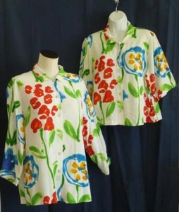 2pc Lot Vtg JAMS WORLD FLOWERET White Floral SS Crop & 3/4Slv Long Tops L XL EUC - Picture 1 of 20