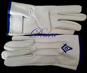 Masonic EMBROIDERED White LAMB SKIN SOFT Gloves Blue G Square & Compass XL SIZE - Picture 1 of 3