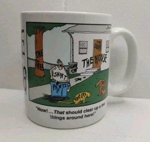 Taza The Far Side Gary Larson 1987 "The Mug" The Dog Cat Door House Tree de colección - Imagen 1 de 5