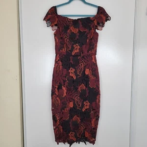 ABS Allen Schwartz Floral Crochet Overlay Pencil Cold Shoulder Midi Dress Sz 4 - Picture 1 of 11