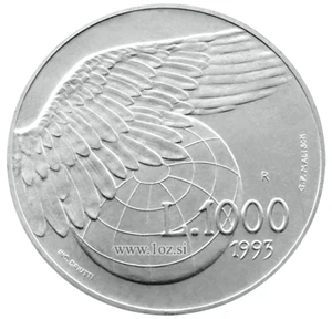 SAN MARINO 1000 LIRE 1993 ( WING above GLOBE ) SILVER Commem. Coin (KM# 302) UNC - Picture 1 of 5
