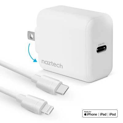 Naztech 20W PD Wall Charger + USB-C 4ft Cable with Folding Prongs - Image 1 of 4