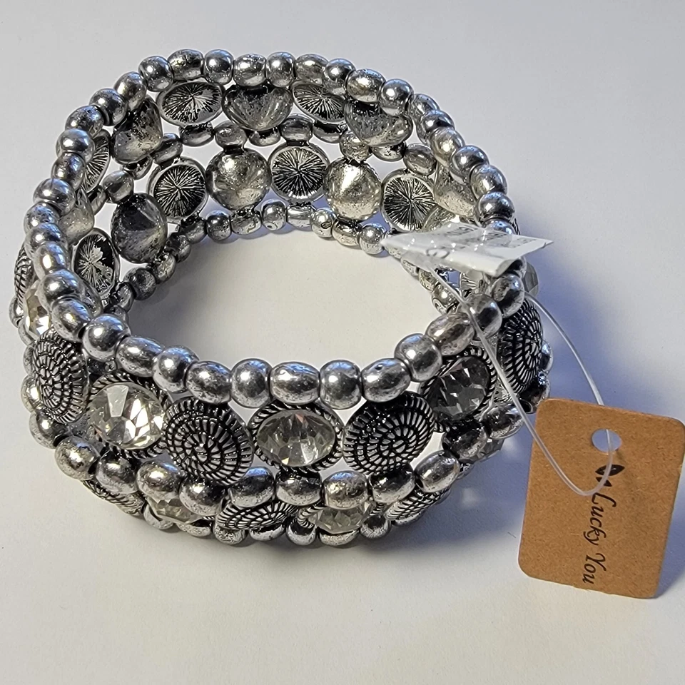 Brazalete elástico Lucky You (Alex Crawford) Shabby Chic rústico plata pedrería Foto 1 de 4