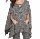 New Directions Hacci Knit Poncho Sweater Womens One Size Gray Kangaroo Pocket