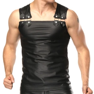 Para hombres Camisa Negra Camiseta sin Mangas Imitación Cuero Fiesta Disfraces de Verano - Imagen 1 de 14