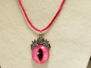 Silver Tone Rose w/Pink Glass Dragon Monster Cat Eye Necklace - Jewelry - Picture 1 of 5