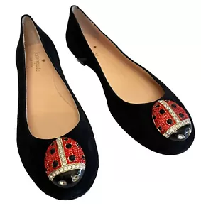 Kate Spade Ladybug Flats Shoes Rhinestone Black Suede Leather - Picture 1 of 4