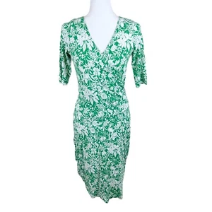 Cabi Dress Women Medium Green White Floral Surplice Midi Tropical Jersey - Picture 1 of 13