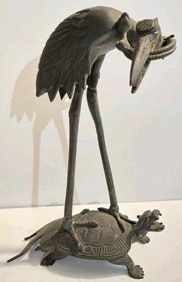Antigua Figura Estatua Meji 9 1/2" Bronce Grulla Dragón Tortuga Sin Firmar Foto 1 de 4