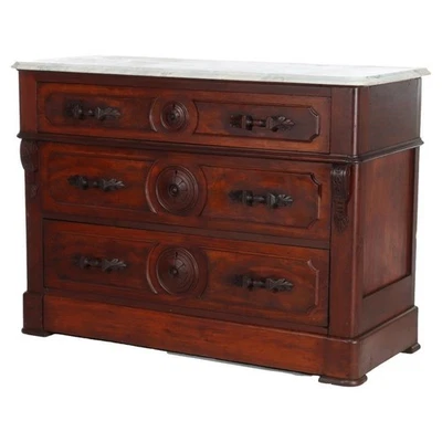 Antique Renaissance Revival Walnut & Burl 4-Drawer Marble Top Dresser c1890 - Image 1 of 4
