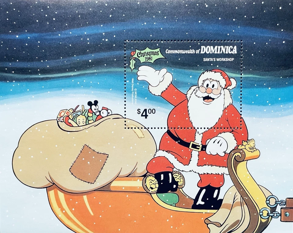 DOMINICA SANTA'S WORKSHOP DISNEY CHRISTMAS STAMPS S/S 1981 MNH SANTA IN SLEIGH - Image 1 of 1