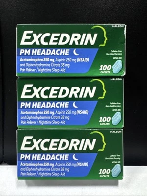 3x Excedrin PM Headache + Pain Reliever + Sleep Aid -100 Caplets/ea. Exp.06/2026 - Image 1 of 4