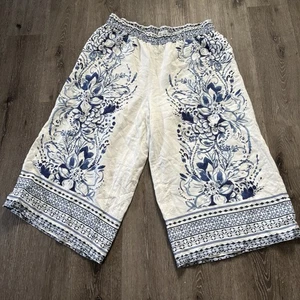 Anthropologie 2X Wide Leg Silhouette Somerset Linen Floral Pull On Pants - Picture 1 of 14