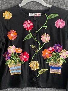 VTG Michael Simon Sez Cardigan LS Black Multi Floral Embroidered 7/8 girls Rare - Picture 1 of 12