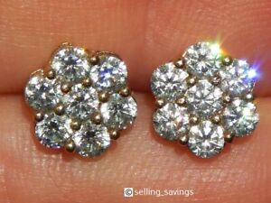 10K SOLID YELLOW GOLD 1.50 TCW LAB CREATED DIAMOND CLUSTER 3/8th INCH EARRINGS