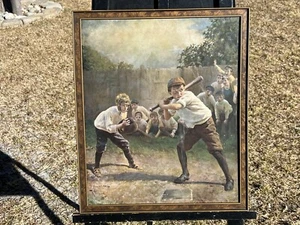 Antique 1909 Karl Witkowski Boys Playing Baseball Framed Print 15x18” - Picture 1 of 15