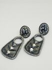 Vintage Retro 90s Black Lucite Rhinestone Beads Dangle Clip on Earrings Signed 
