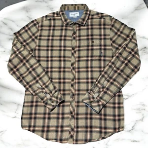 Billabong Shirt Mens Large Flannel Slim Brown Plaid Long Sleeve Button Up Cotton - Picture 1 of 4