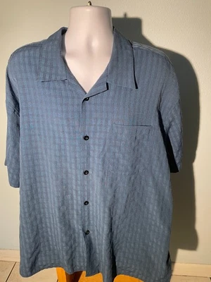 男式 XXL 聚酯纤维人造丝蓝色前口袋条纹短袖衬衫 — 第 1/4 张图片