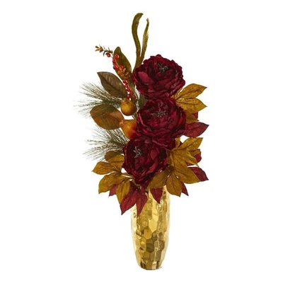 Nearly Natural 30" Peony Pear & Magnolia Leaf Artificial in Gold Vase - Image 1 of 2