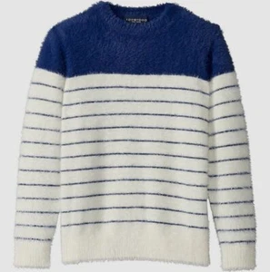 $56 Toobydoo Boys Blue Stripe Crew-Neck Faux-Mohair Pulllover Sweater Size 10 - Picture 1 of 1