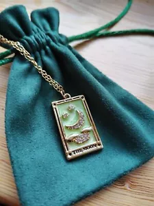 The Moon Golden Tarot Card Pendant Necklace 2.5 x 1.5 cm. Boho, Astrology Gift - Picture 1 of 3