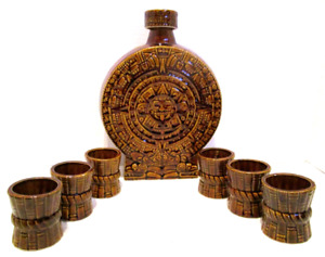Vintage Aztec Mayan Calendar Ceramic Decanter And Shot Glasses Super RARE