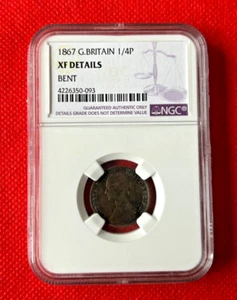 1867 Great Britain Farthing, 1/4 Penny, NGC XF DETAILS BENT - Picture 1 of 2
