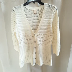 DKNY Womens Cardigan Medium Cream Button Up Coquette Pointelle Open Knit 17416 - Picture 1 of 9