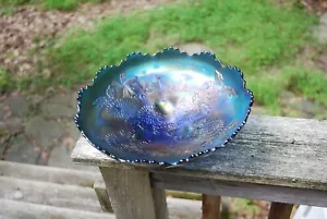 BEAUTIFUL FENTON BLUE CARNIVAL GLASS CHRYSANTHEMUM 10 1/2" ICE CREAM SHAPE BOWL - Picture 1 of 11