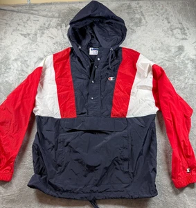 Vintage Champion Colorblock Windbreaker Pullover Jacket Red White Blue Hooded XL - Picture 1 of 5