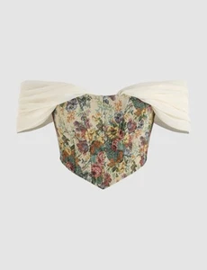 Corsé de sidra recortado top fuera del hombro jacquard floral gasa coqueta bata NUEVO - Imagen 1 de 13