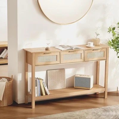 Natural Rattan Console Table with 3 Drawers – Spacious Entryway Storage - Image 1 of 4