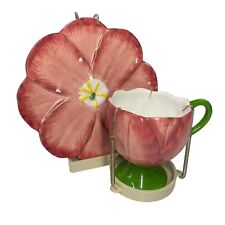 Vintage TelaFlora Cup Saucer Stand Set Pink Tea Rose Flower Green Stem Handle