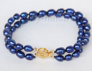 Genuine 8" 2row 7mm rice navy blue freshwater pearls beads bracelet j9967